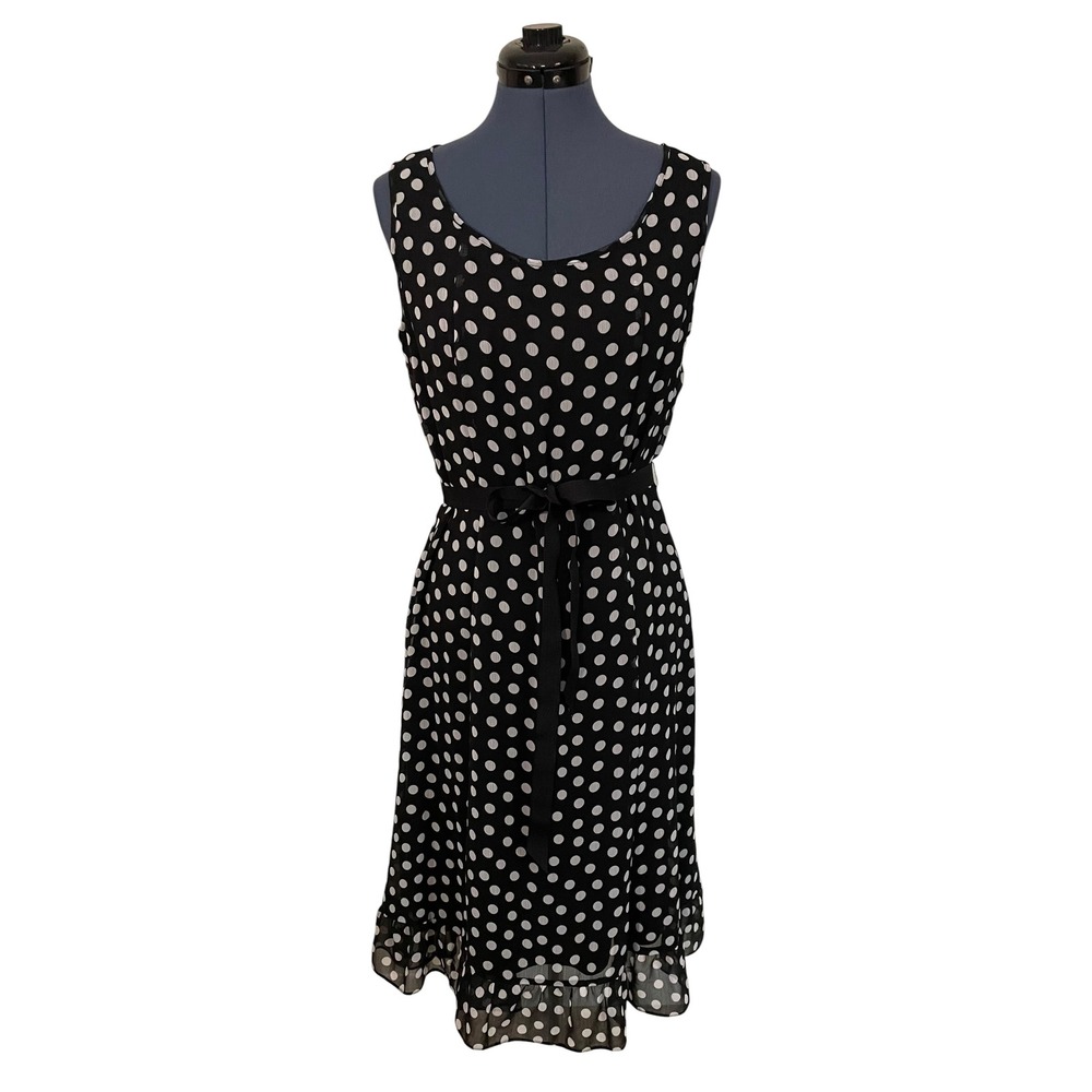 Vtg Studio I‎ Black White Polka Dot Sleeveless Ruffle Hem Midi Dress Y2K Chic 10